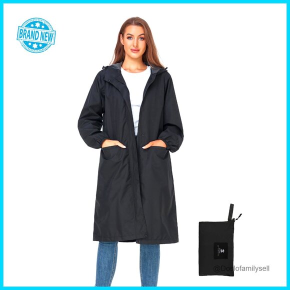 Waterproof Lightweight Hooded Raincoat Packable Knee Length Outerwear